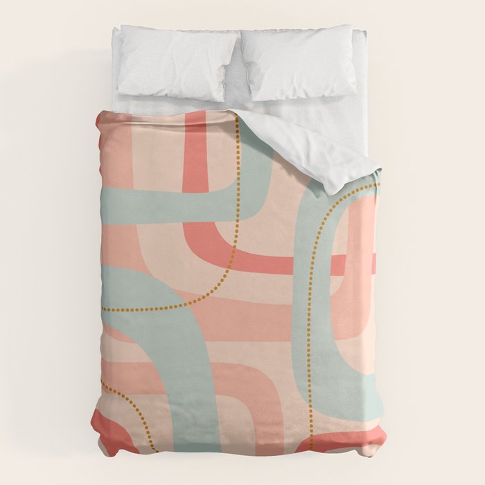 Loops and Dots Midcentury Modern Pastel Pattern in Blush Coral, Aqua Mint, and Ochre Duvet Cover Gallery Image 6