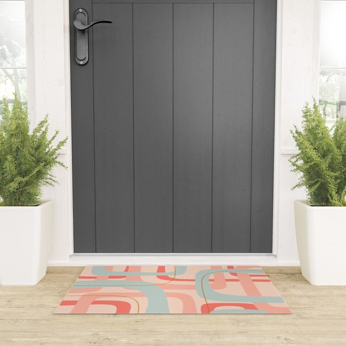 Loops and Dots Midcentury Modern Pastel Pattern in Blush Coral, Aqua Mint, and Ochre Welcome Mat Gallery Image 3