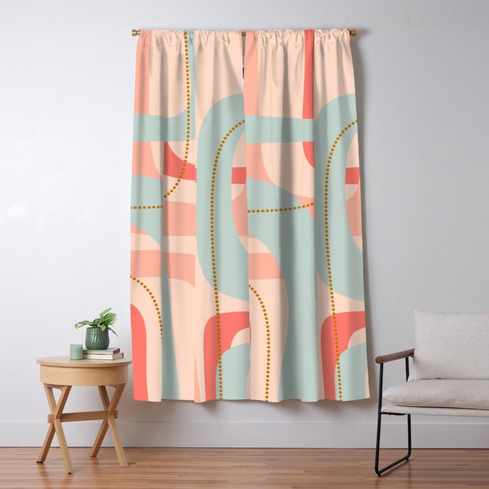 Loops and Dots Midcentury Modern Pastel Pattern in Blush Coral, Aqua Mint, and Ochre Window Curtain Gallery Image 1