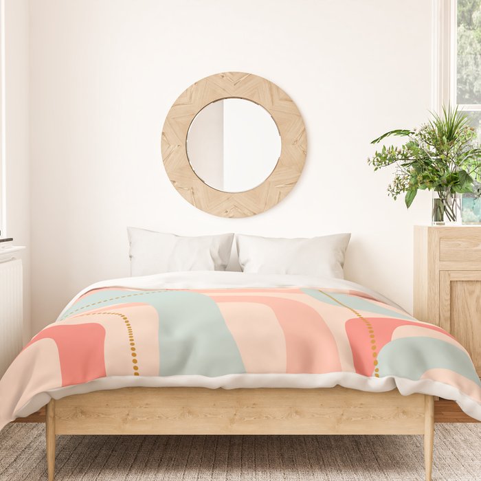 Loops and Dots Midcentury Modern Pastel Pattern in Blush Coral, Aqua Mint, and Ochre Duvet Cover Gallery Image 3