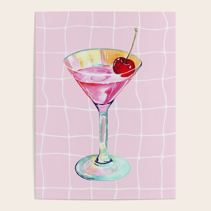 Pink Aesthetic Martini Glass With Cherry Poster
