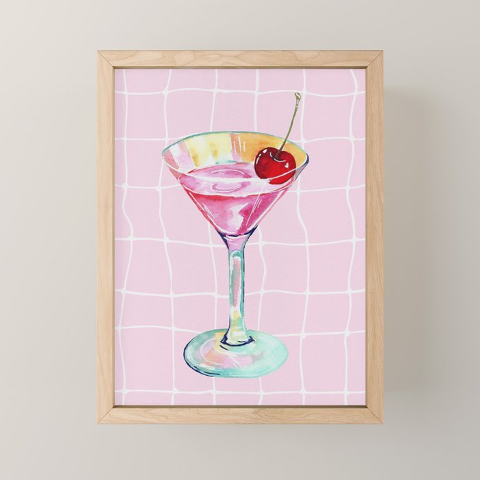 Pink Aesthetic Martini Glass with Cherry Mini Art Print Gallery Image 1