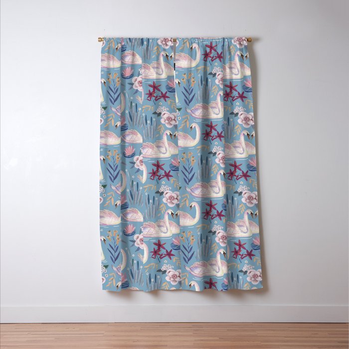 Botanical Blue Elegant Swan Pattern Window Curtain Gallery Image 3