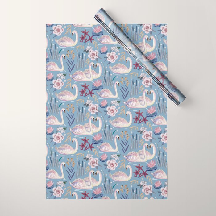 Botanical Blue Elegant Swan Pattern Wrapping Paper Gallery Image 1