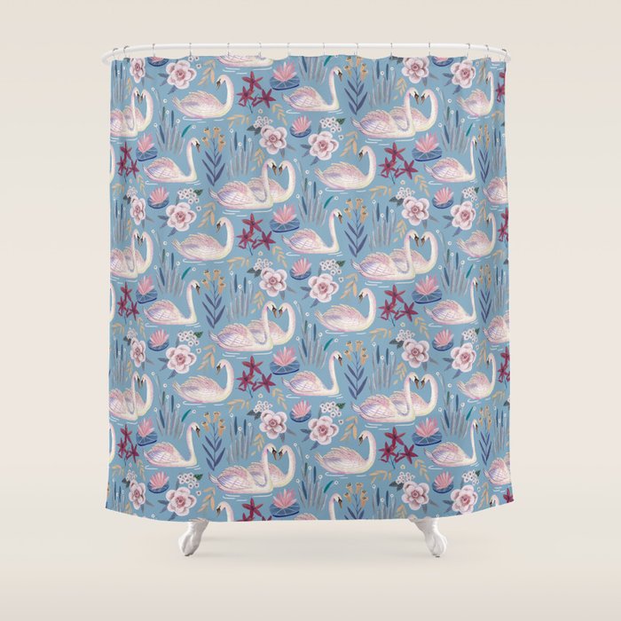 Botanical Blue Elegant Swan Pattern Shower Curtain Gallery Image 1