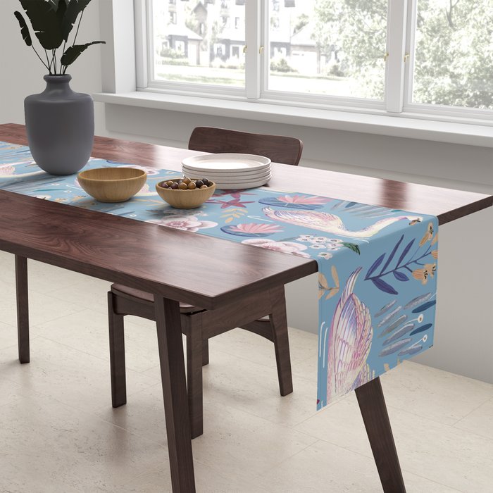 Botanical Blue Elegant Swan Pattern Table Runner Gallery Image 2