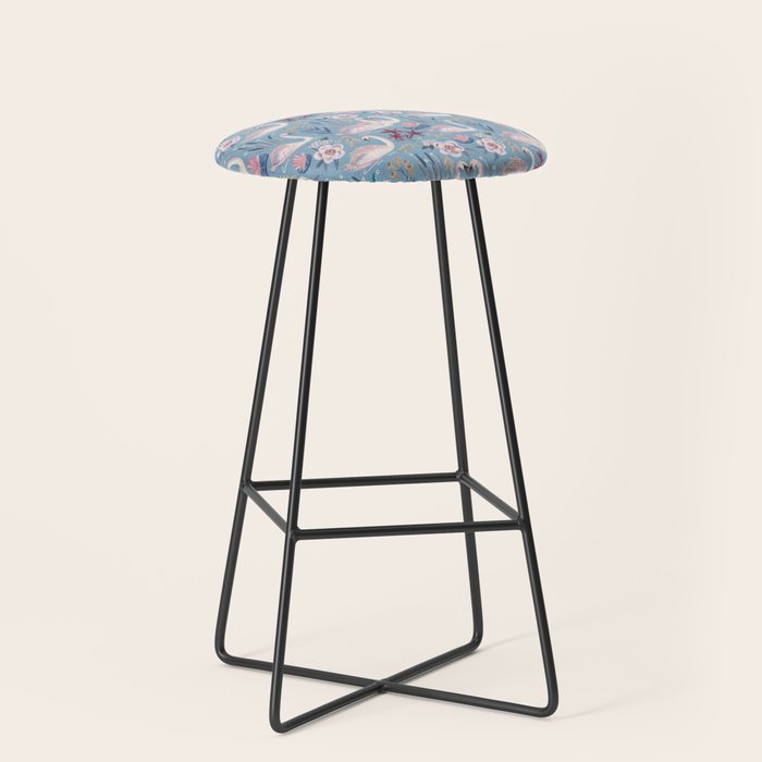 Botanical Blue Elegant Swan Pattern Stool Gallery Image 1
