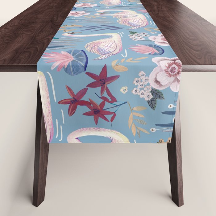Botanical Blue Elegant Swan Pattern Table Runner Gallery Image 1