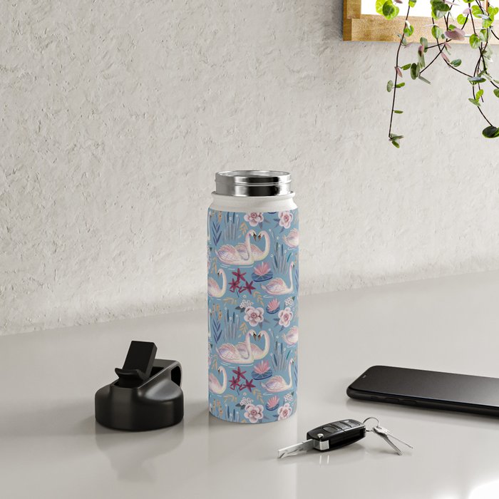 Botanical Blue Elegant Swan Pattern Water Bottle Gallery Image 4