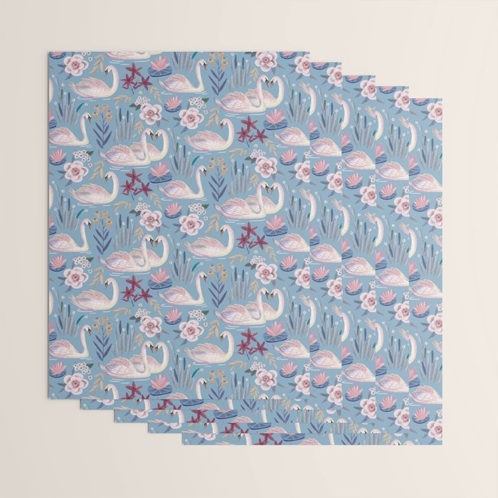 Botanical Blue Elegant Swan Pattern Wrapping Paper Gallery Image 3