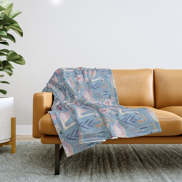 Botanical Blue Elegant Swan Pattern Throw Blanket Gallery Image 1