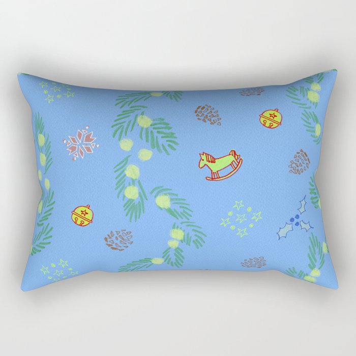 Whimsical Tiny Toys & Pine Branches in Blue Rectangular Pillow Gallery Image 1
