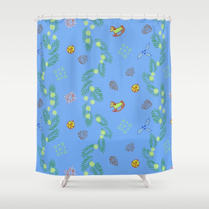 Whimsical Tiny Toys & Pine Branches in Blue Shower Curtain Gallery Image 1