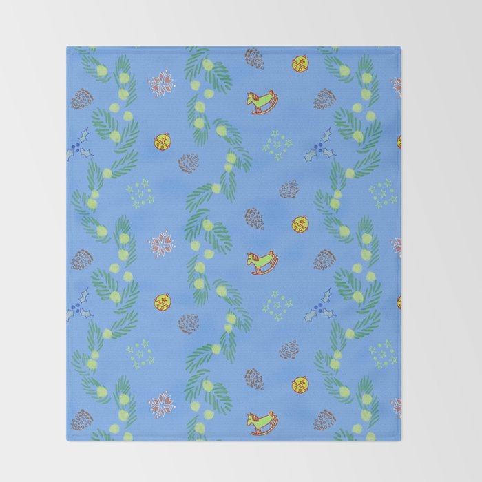 Whimsical Tiny Toys & Pine Branches in Blue Throw Blanket Gallery Image 2
