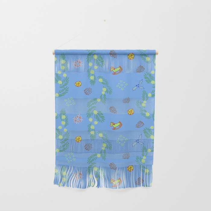 Whimsical Tiny Toys & Pine Branches in Blue Wall Hanging Gallery Image 1
