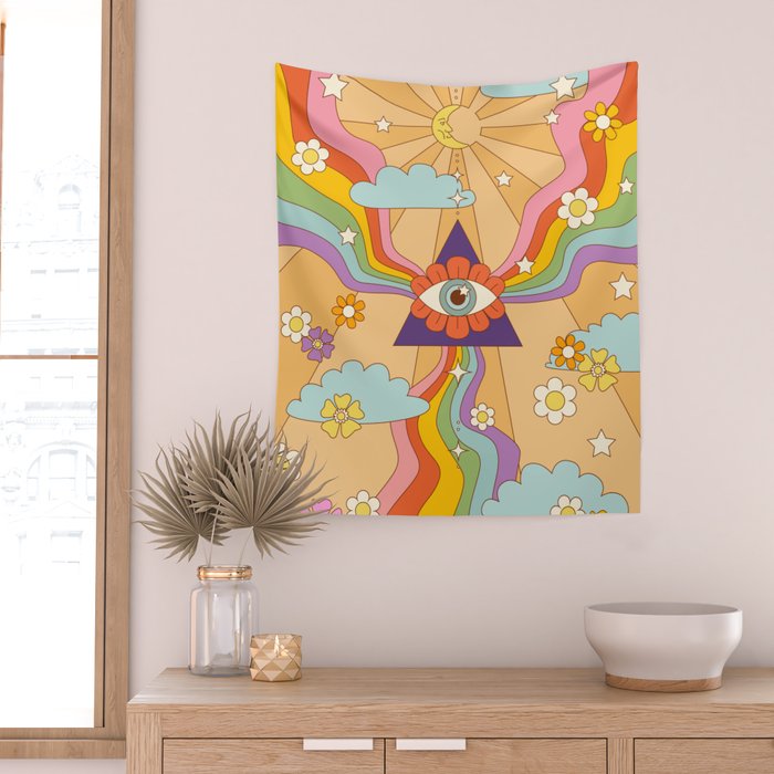 retro hippie boho rainbow print  Wall Tapestry Gallery Image 2