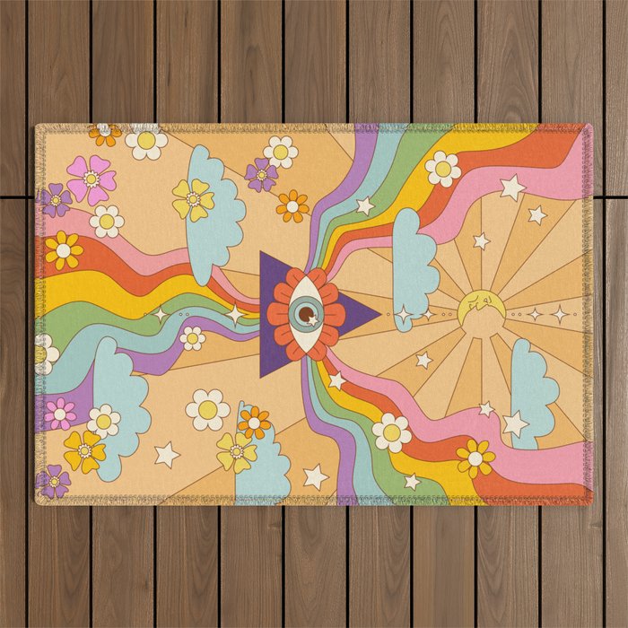 retro hippie boho rainbow print  Outdoor Rug Gallery Image 1