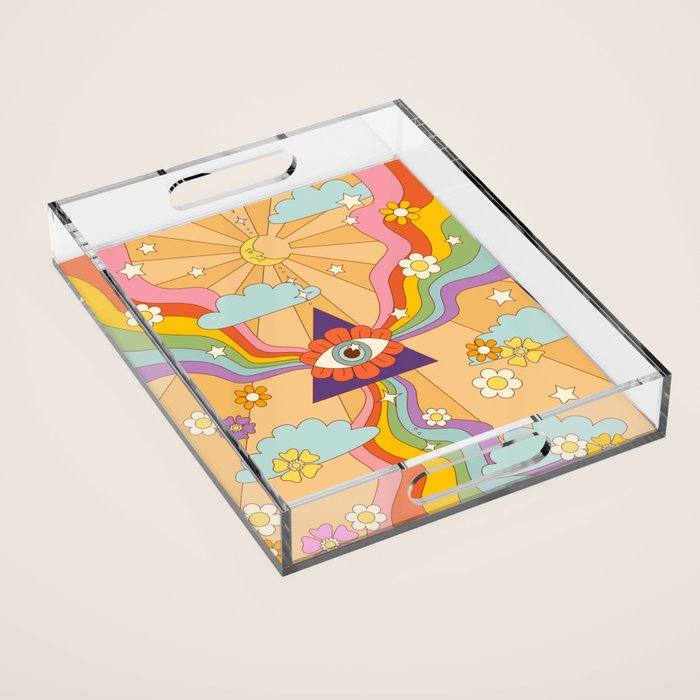 retro hippie boho rainbow print  Acrylic Tray Gallery Image 1