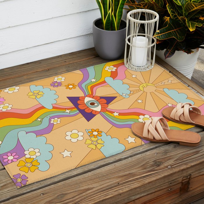 retro hippie boho rainbow print  Outdoor Rug Gallery Image 2