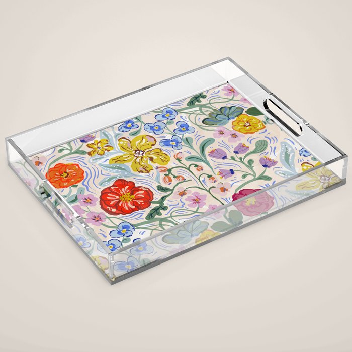 Vibrant Wildflower Garden Pattern Hand Painted Folk Floral Design Acrylic Tray Gallery Image 1
