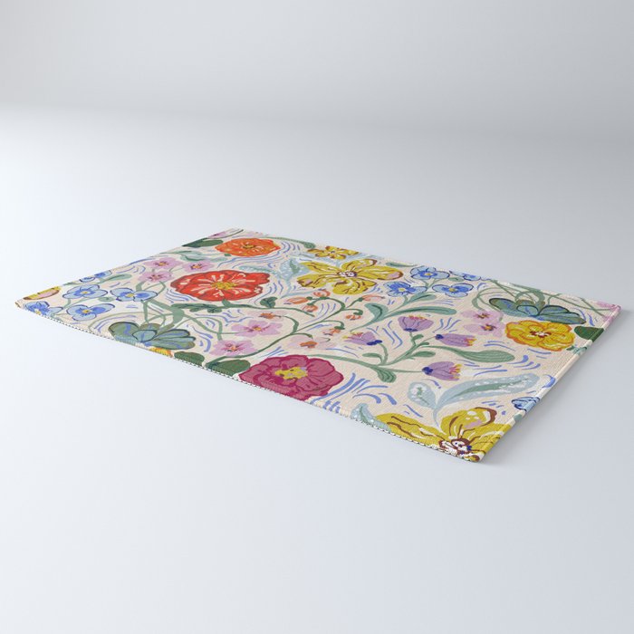 Vibrant Wildflower Garden Pattern Hand Painted Folk Floral Design Rug Gallery Image 3