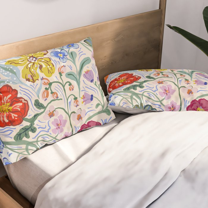 Vibrant Wildflower Garden Pattern Hand Painted Folk Floral Design Pillow Sham Gallery Image 2