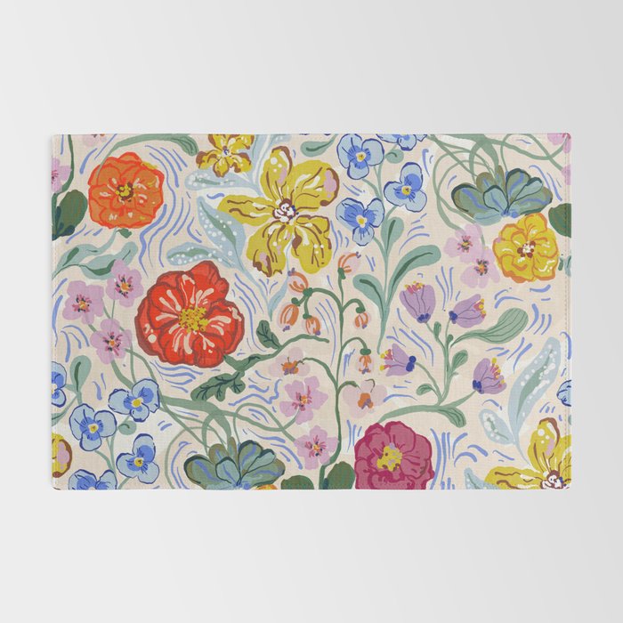 Vibrant Wildflower Garden Pattern Hand Painted Folk Floral Design Rug Gallery Image 2