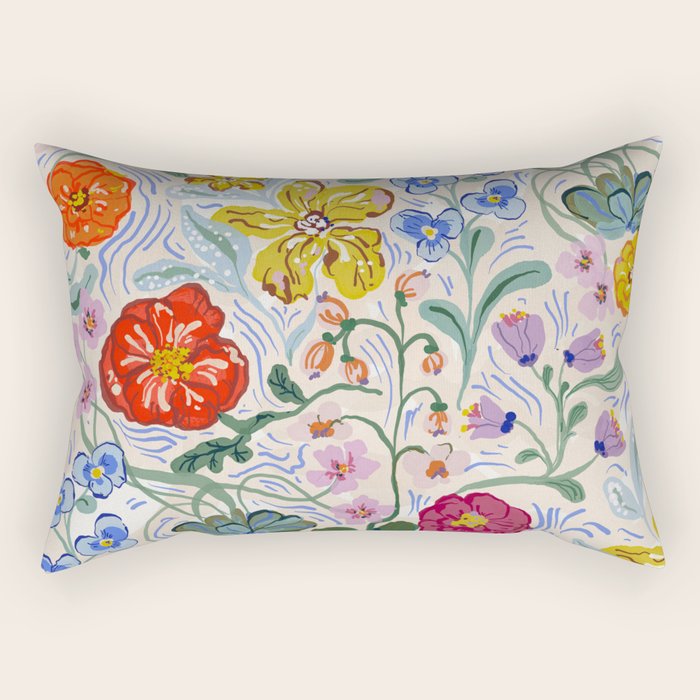 Vibrant Wildflower Garden Pattern Hand Painted Folk Floral Design Rectangular Pillow Gallery Image 1