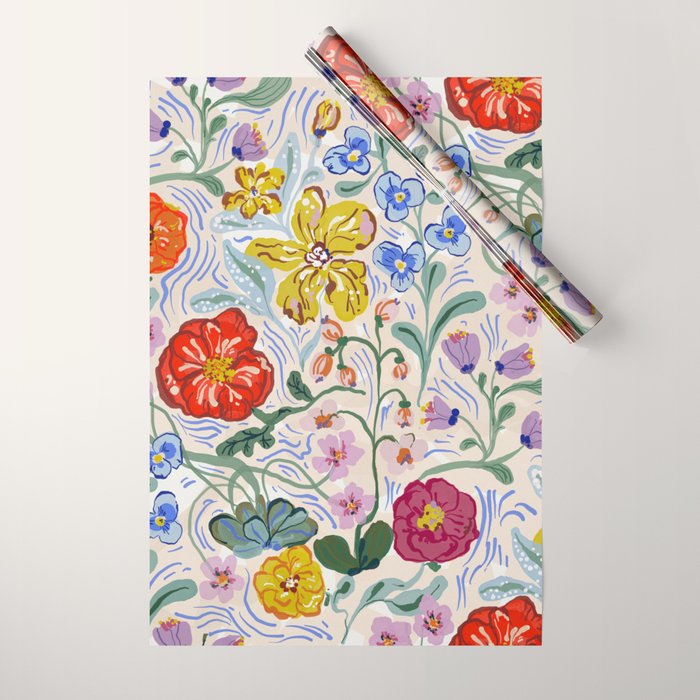 Vibrant Wildflower Garden Pattern Hand Painted Folk Floral Design Wrapping Paper Gallery Image 1