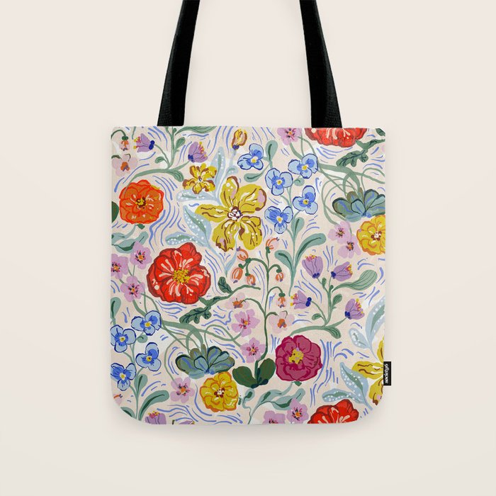Vibrant Wildflower Garden Pattern Hand Painted Folk Floral Design Tote Bag Gallery Image 1