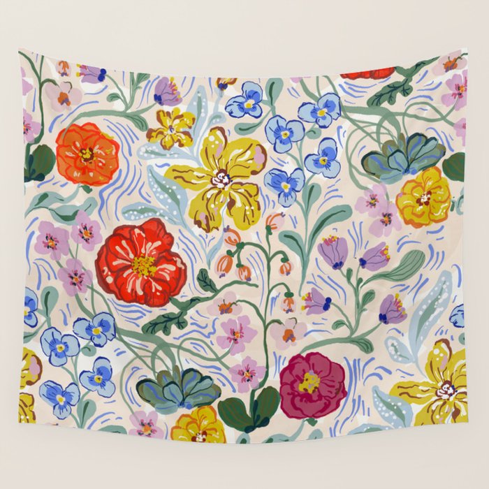 Vibrant Wildflower Garden Pattern Hand Painted Folk Floral Design Wall Tapestry Gallery Image 4
