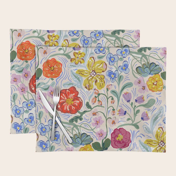 Vibrant Wildflower Garden Pattern Hand Painted Folk Floral Design Placemat Gallery Image 1