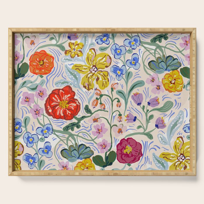Vibrant Wildflower Garden Pattern Hand Painted Folk Floral Design Serving Tray Gallery Image 1