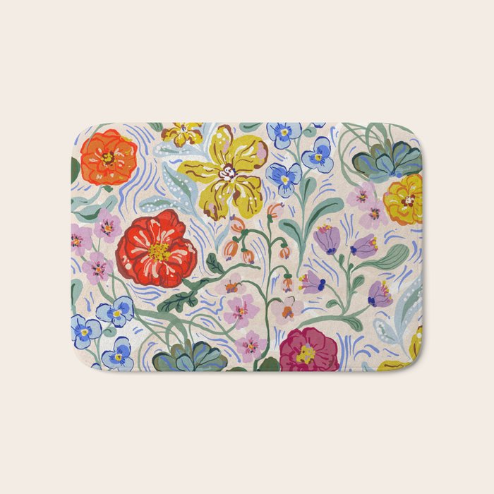 Vibrant Wildflower Garden Pattern Hand Painted Folk Floral Design Bath Mat Gallery Image 1