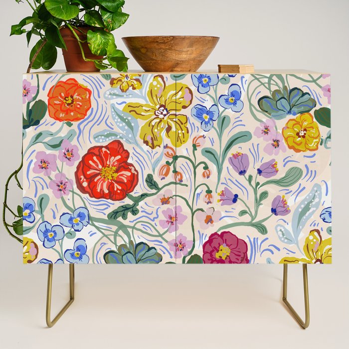 Vibrant Wildflower Garden Pattern Hand Painted Folk Floral Design Credenza Gallery Image 1