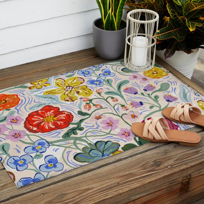 Vibrant Wildflower Garden Pattern Hand Painted Folk Floral Design Outdoor Rug Gallery Image 2