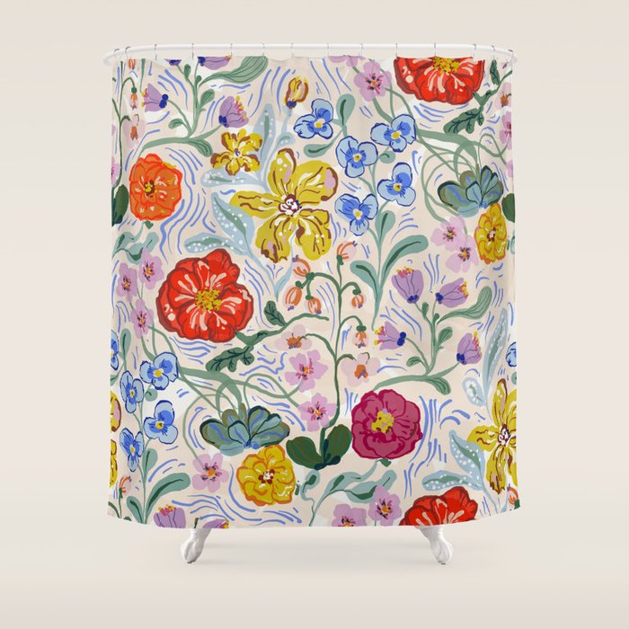 Vibrant Wildflower Garden Pattern Hand Painted Folk Floral Design Shower Curtain Gallery Image 1