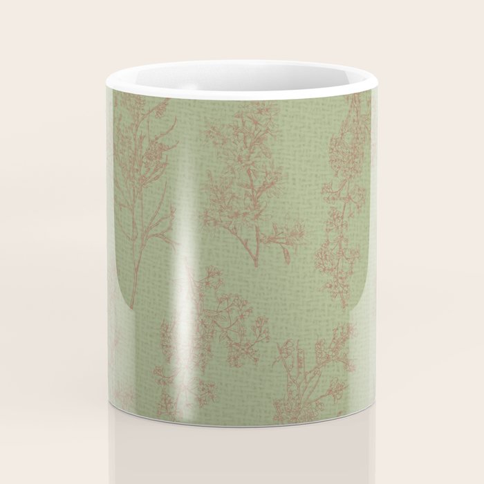 Botanical Cottage Woven Look Pattern in Sage Green and Mocha Brown Coffee Mug Gallery Image 4