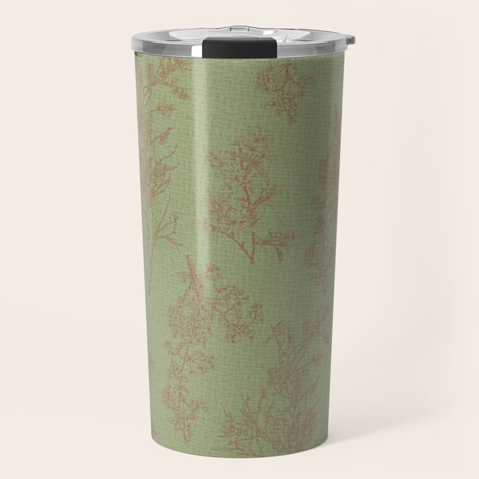 Botanical Cottage Woven Look Pattern in Sage Green and Mocha Brown Travel Mug Gallery Image 1