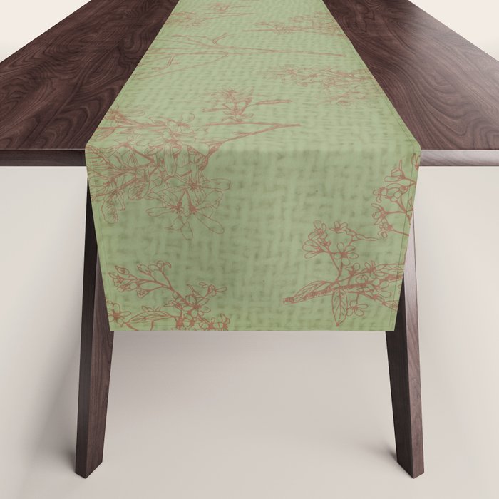 Botanical Cottage Woven Look Pattern in Sage Green and Mocha Brown Table Runner Gallery Image 1