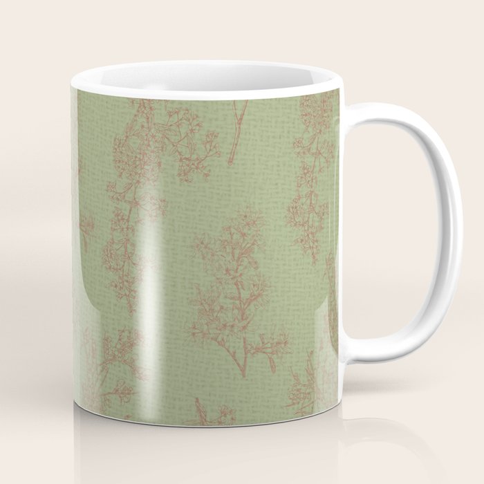 Botanical Cottage Woven Look Pattern in Sage Green and Mocha Brown Coffee Mug Gallery Image 1
