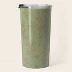 Botanical Cottage Woven Look Pattern in Sage Green and Mocha Brown Travel Mug Gallery Image 3