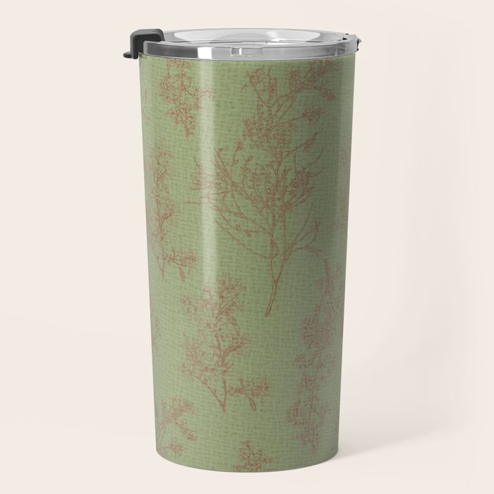 Botanical Cottage Woven Look Pattern in Sage Green and Mocha Brown Travel Mug Gallery Image 3