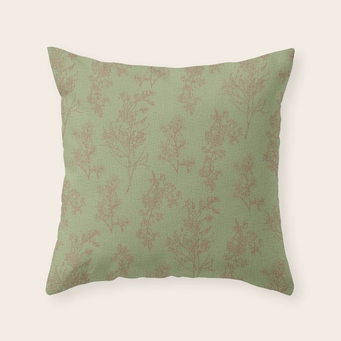 Botanical Cottage Woven Look Pattern in Sage Green and Mocha Brown Throw Pillow Gallery Image 1