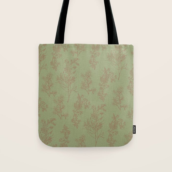 Botanical Cottage Woven Look Pattern in Sage Green and Mocha Brown Tote Bag Gallery Image 1