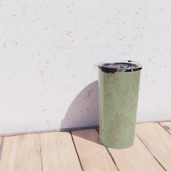 Botanical Cottage Woven Look Pattern in Sage Green and Mocha Brown Travel Mug Gallery Image 4