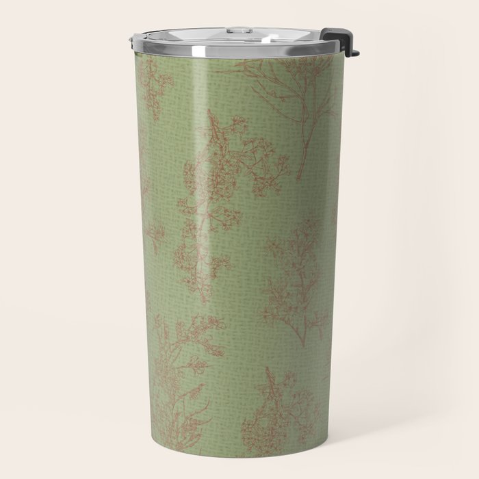 Botanical Cottage Woven Look Pattern in Sage Green and Mocha Brown Travel Mug Gallery Image 2