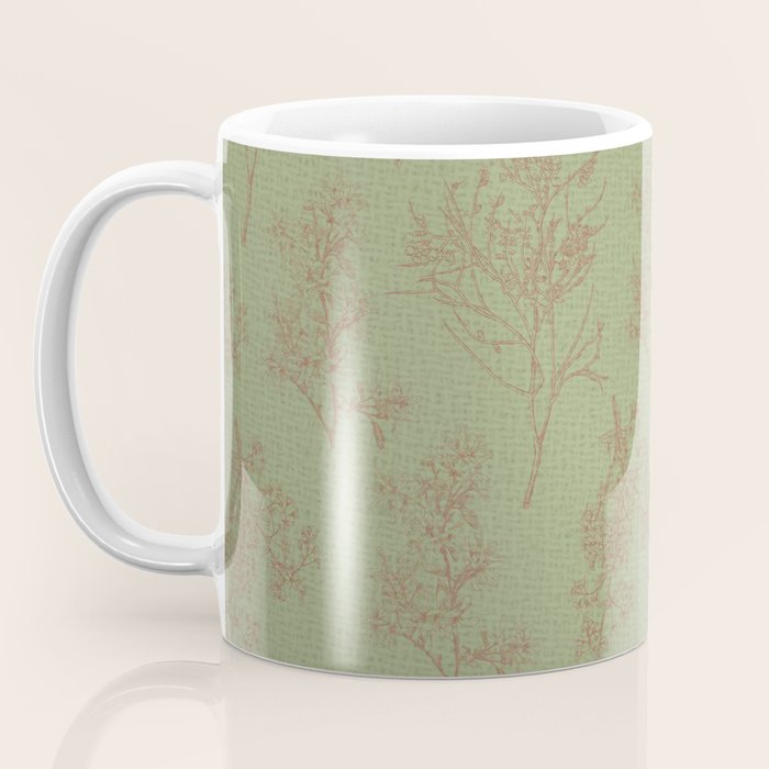 Botanical Cottage Woven Look Pattern in Sage Green and Mocha Brown Coffee Mug Gallery Image 3