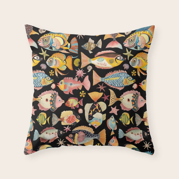 Whimsical Underwater World Multicolor Fish Pattern Black Throw Pillow Gallery Image 1