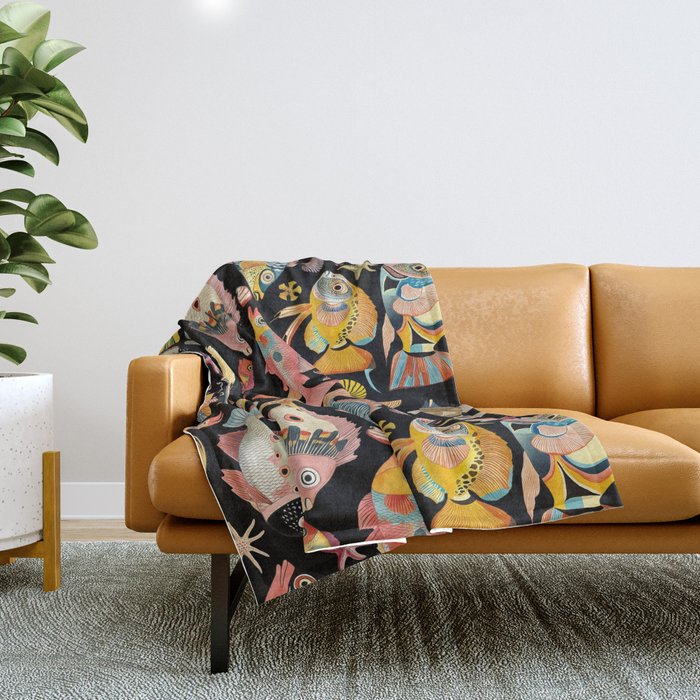 Whimsical Underwater World Multicolor Fish Pattern Black Throw Blanket Gallery Image 1